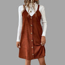 Chic V-Neck Cord Dress with Straps & Buttons