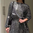 Sequined Mini Dress with Pleated Waist and Flowy Sleeves