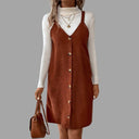 Chic V-Neck Cord Dress with Straps & Buttons