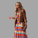 Vibrant Midi Dress with Herringbone Design and Waist Belt