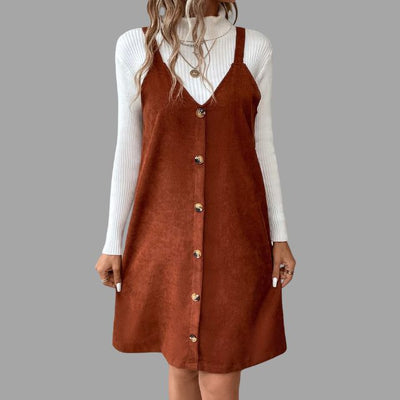Chic V-Neck Cord Dress with Straps & Buttons