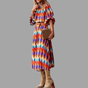 Vibrant Midi Dress with Herringbone Design and Waist Belt