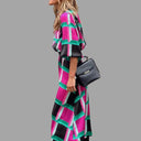 Vibrant Midi Dress with Herringbone Design and Waist Belt
