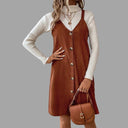 Chic V-Neck Cord Dress with Straps & Buttons