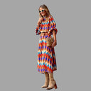 Vibrant Midi Dress with Herringbone Design and Waist Belt