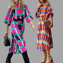Vibrant Midi Dress with Herringbone Design and Waist Belt