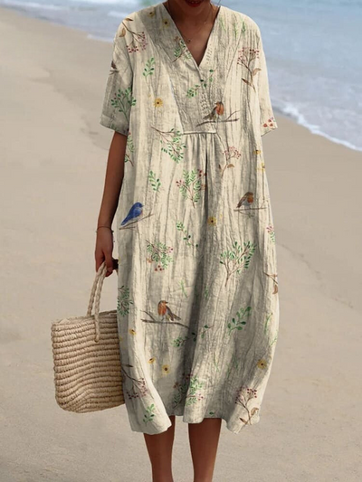 Charming Cotton Women's Blouse with Bird & Branch Design