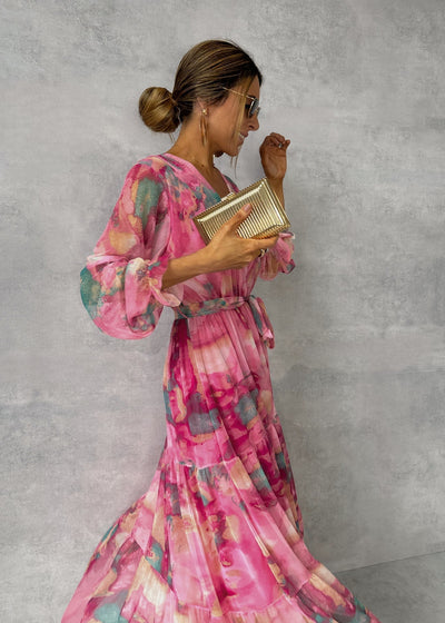 Chic Pink Long Sleeve Maxi Dress