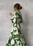 Chic Green Long Sleeve V-Neck Maxi Dress
