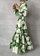 Chic Green Long Sleeve V-Neck Maxi Dress