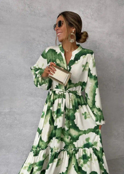 Chic Green Long Sleeve V-Neck Maxi Dress