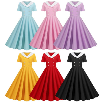 Vintage Buttoned V-Neck Swing Dress for Summer