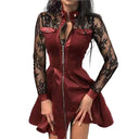 Chic PU Dress with Long Lace Sleeves
