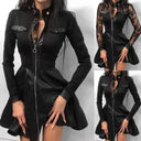 Chic PU Dress with Long Lace Sleeves