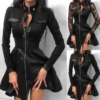 Chic PU Dress with Long Lace Sleeves