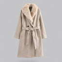 Chic Beige Double-Breasted Trench Coat with Faux Fur Collar for Stylish Outings
