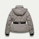 Women's Beige Patterned Puffer Jacket – Stylish Belted Insulation for Outdoor Wear