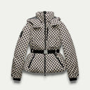 Women's Beige Patterned Puffer Jacket – Stylish Belted Insulation for Outdoor Wear