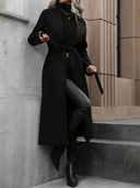 Chic Black Belted Long Trench Coat for Fall & Winter Wear