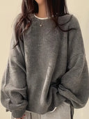 Women's Cozy Lantern Sleeve Knit Sweater - Chic Round Neck Design