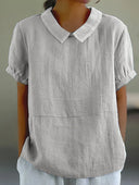 Women’s Linen Short Sleeve Blouse with Peter Pan Collar for Everyday Wear