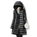 Women's Hooded Longline Puffer Jacket - Quilted Style for Winter Wear