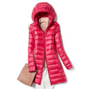 Women's Hooded Longline Puffer Jacket - Quilted Style for Winter Wear