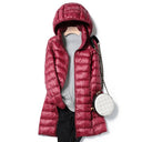 Women's Hooded Longline Puffer Jacket - Quilted Style for Winter Wear