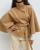 Chic Cape Coat for Women - Funnel Neck & Belted Design