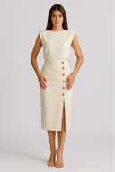 Chic White Midi Dress with Button Accents and Side Slit