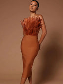 Strapless Feather-Accented Bodycon Dress