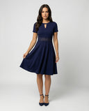 Chic Blue Dress with Lace Detail and Defined Waist