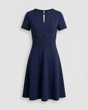 Chic Blue Dress with Lace Detail and Defined Waist