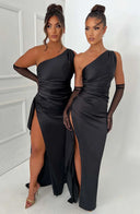 Stylish One-Shoulder Satin Maxi Dress with Pleats