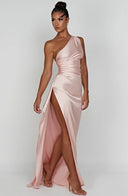 One Shoulder Satin Slit Dress for Chic Style