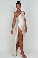 One Shoulder Satin Slit Dress for Chic Style