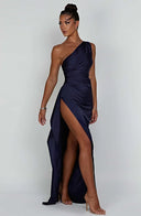 One Shoulder Satin Slit Dress for Chic Style