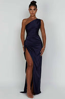Stylish One-Shoulder Satin Maxi Dress with Pleats