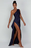 Stylish One-Shoulder Satin Maxi Dress with Pleats