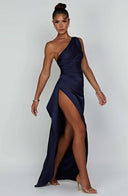 One Shoulder Satin Slit Dress for Chic Style