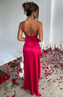 Stylish One-Shoulder Satin Maxi Dress with Pleats