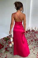 Stylish One-Shoulder Satin Maxi Dress with Pleats