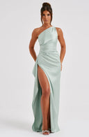 One Shoulder Satin Slit Dress for Chic Style