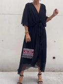 Chic Green V-Neck Chiffon Dress for Women