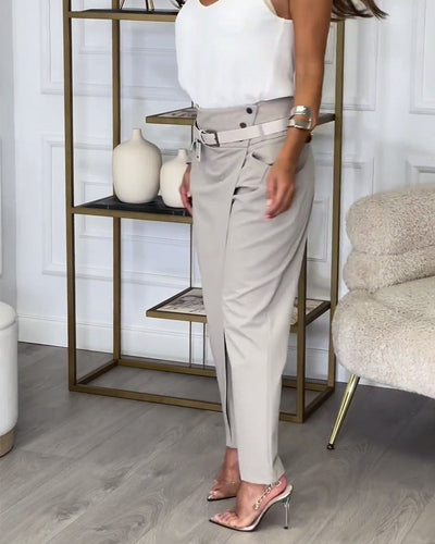 Patchwork Trousers with Statement Belt