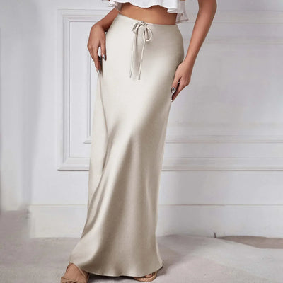 Chic High Waist Lace-Up Satin Skirt for Fall