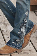 Mid Waist Flamingo Embroidered Denim Pants