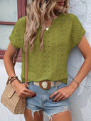 Notched Neckline T-Shirt with Eyelet Embroidery