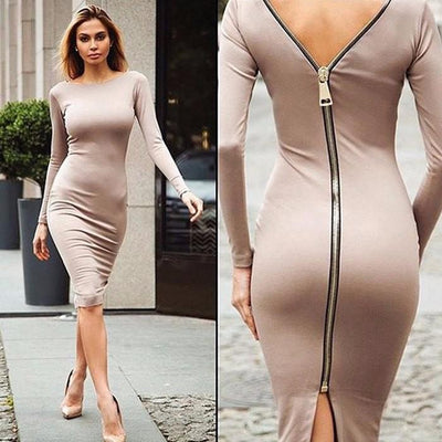 Chic Long Sleeve Pencil Dress with Zipper