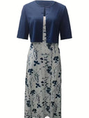 Chic Floral Dress Set with Round Neck Crop Top